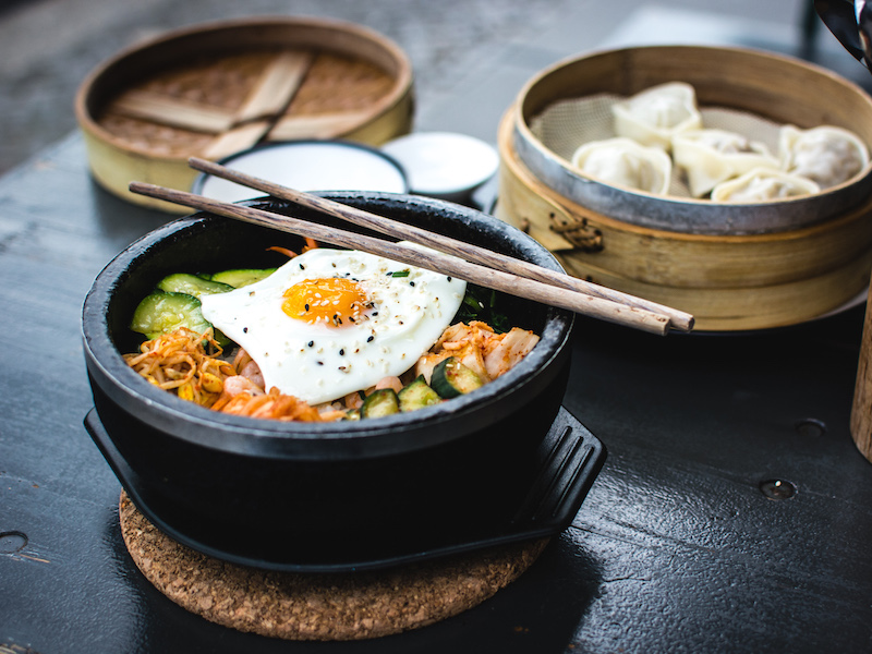 1.	Korean bibimbap with egg and vegetables